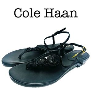 Cole Haan Halsley Floral Black Leather Sandals Size 10 1/2